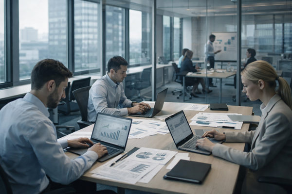 Сотрудники работают в современном офисе: командная работа и анализ показателей за ноутбуками