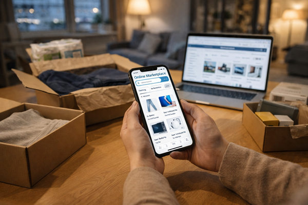 покупатель выбирает товары на маркетплейсе на смартфоне рядом с коробками онлайн-заказов одежды, электроники и товаров для дома