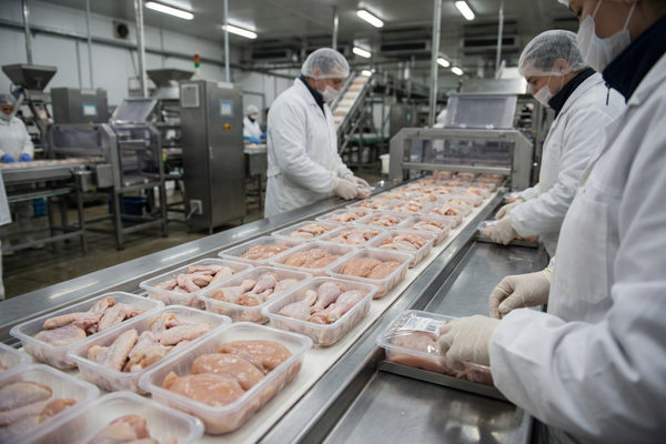 Производственная линия разделки и упаковки бройлера на птицефабрике — подготовка продукции к отгрузке в холодовой цепочке