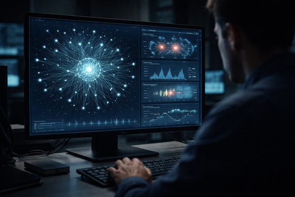 Специалист анализирует данные и нейросеть на экране компьютера, безопасность ИИ и киберугрозы в цифровых платформах