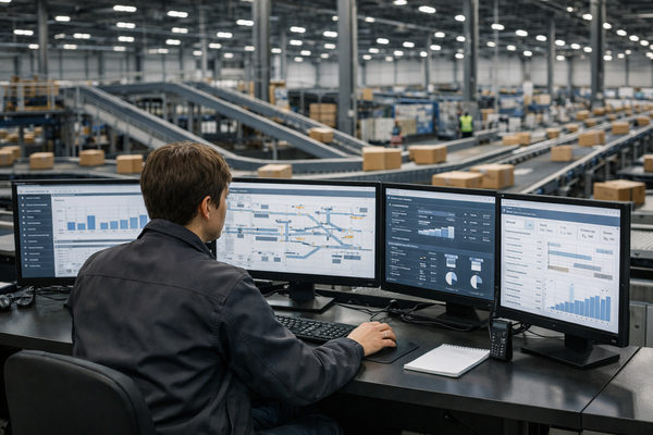 Инженер контролирует автоматизированный склад с конвейерами и системой сортировки посылок, управление логистикой и цифровые процессы