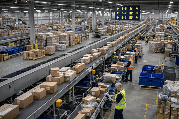 Сортировочный центр доставки посылок с конвейерными линиями и операторами склада