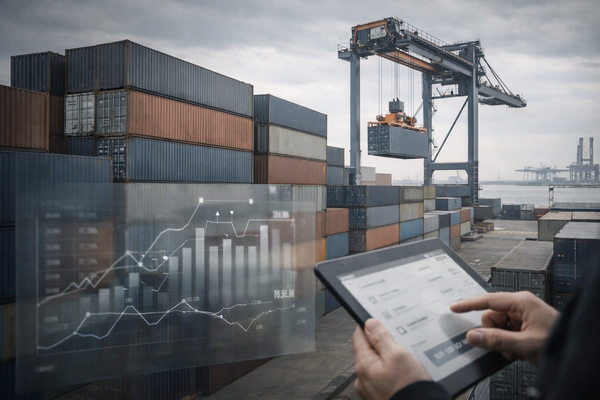 Контейнерный терминал с погрузкой судна и цифровой аналитикой ставок на морские перевозки, рост стоимости логистики