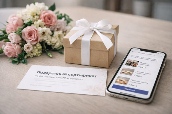 Подарочный набор с цветами и сертификатом — пример персонализированного подарка к 8 Марта с онлайн-покупкой