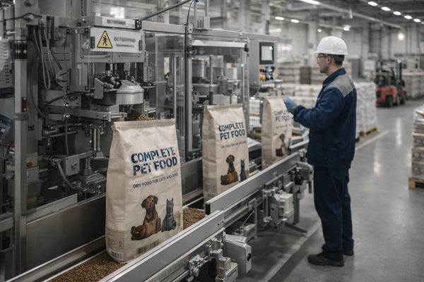 Производственная линия фасовки сухого корма для домашних животных на заводе — иллюстрация к статье о росте экспорта российских кормов