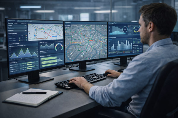 Инженер транспортной системы анализирует пассажиропоток, телеметрию и маршрутные данные на мониторах в диспетчерском центре