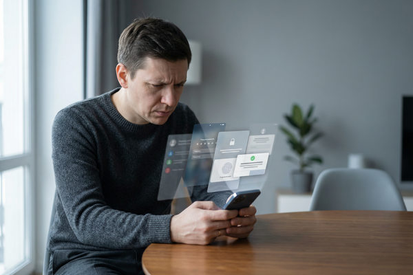 пользователь проходит многоэтапное подтверждение банковской операции на смартфоне усложнение цифровых сервисов