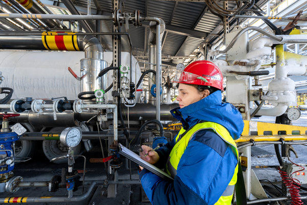 Инженер на терминале перевалки аммиака проверяет оборудование на промышленной трубопроводной системе