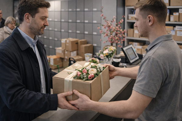 Получение подарка в пункте выдачи заказов перед 8 Марта — иллюстрация роста доставки в ПВЗ вместо курьерской службы