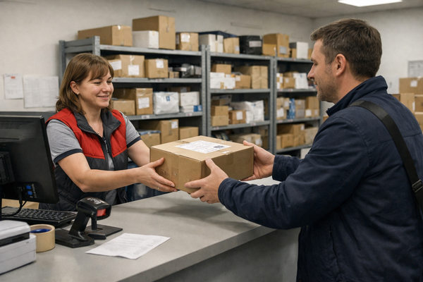 Получение интернет-заказа в пункте выдачи: сотрудник ПВЗ передает коробку покупателю