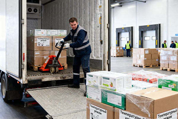 погрузка товаров с температурным режимом в рефрижераторный грузовик на складе, холодовая логистика и доставка продуктов