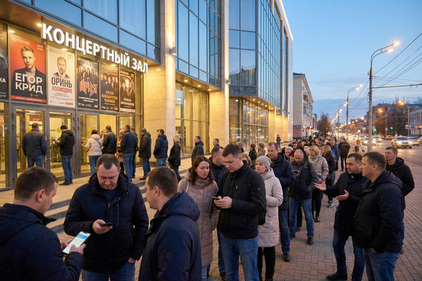 очередь зрителей у входа в концертный зал перед началом выступления — рост спроса на офлайн-мероприятия в региональных городах России
