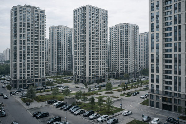 Современный жилой квартал в крупном российском городе — многоэтажные дома и дворовая инфраструктура на рынке аренды жилья