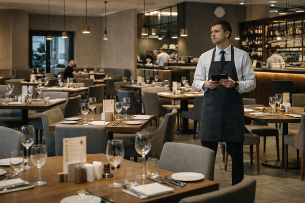 официант в почти пустом зале современного ресторана в России