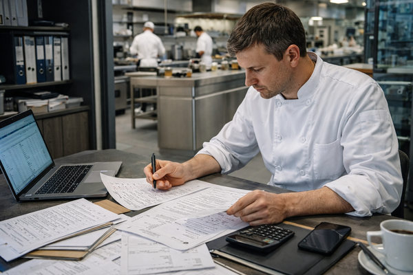 шеф-повар пересчитывает фудкост и меню ресторана на фоне профессиональной кухни