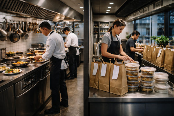 Кухня ресторана и зона сборки заказов доставки с упаковкой еды, разделение процессов dine-in и food delivery