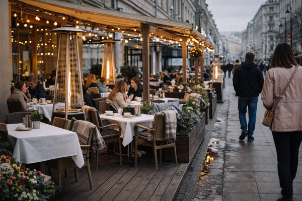 Ресторанная веранда в Москве ранней весной с обогревателями и гостями на улице, влияние теплой погоды на HoReCa