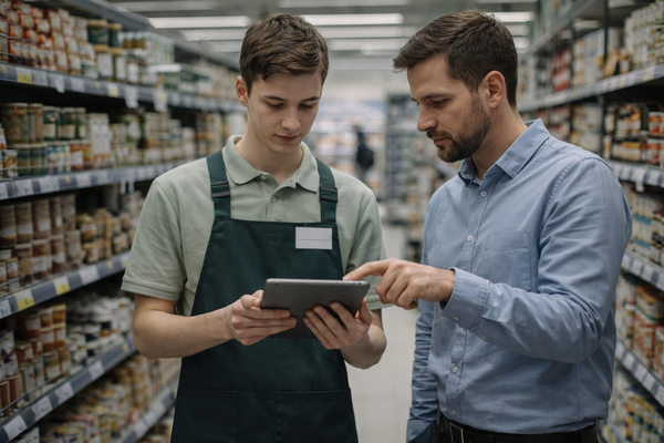 Молодой сотрудник супермаркета и менеджер анализируют данные на планшете — обучение и работа зумеров в ритейле