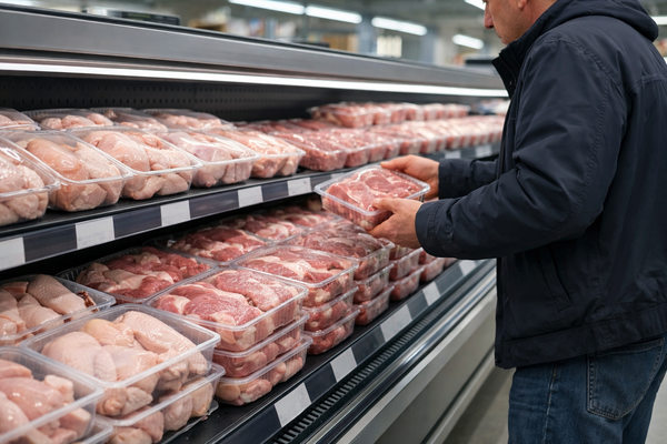 Покупатель выбирает упаковку охлажденного мяса в холодильной витрине супермаркета — рост спроса и нагрузка на холодовую логистику