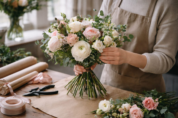 Флорист собирает сложный букет в студии — рост спроса на дорогие цветочные композиции в онлайн-продажах