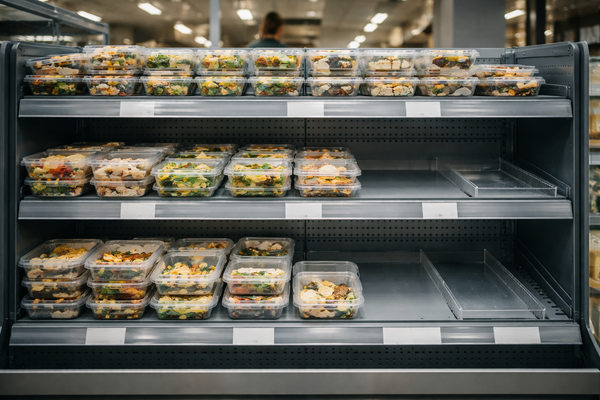 полка с готовой едой в супермаркете с ограниченным ассортиментом дефицит продукции и замедление роста рынка