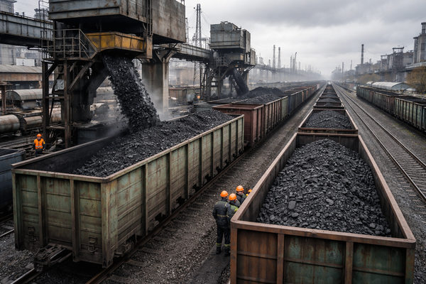 погрузка угля в железнодорожные вагоны на промышленной станции России, грузовые перевозки и экспортная логистика РЖД