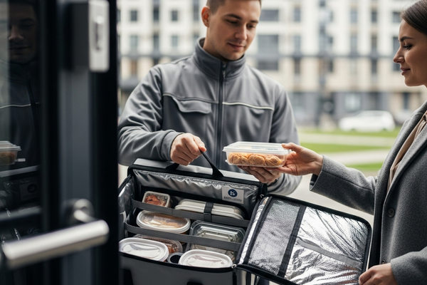 курьер передает заказ с продуктами из чистой термосумки клиенту соблюдение санитарных правил доставки еды