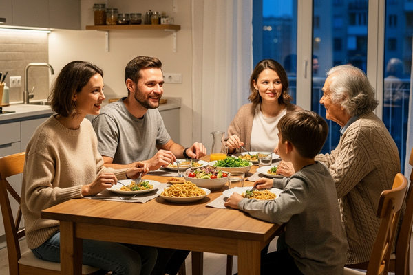 семья за ужином дома в России как символ счастья, близости и повседневного благополучия