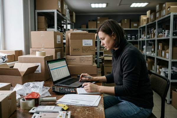 селлер маркетплейса анализирует расходы и документы на складе среди коробок, рост издержек e-commerce и логистики