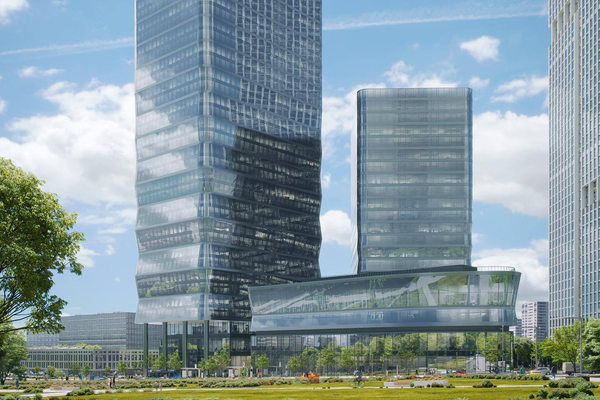 офисный комплекс SET в Москве, современные стеклянные башни бизнес-центра с благоустроенной территорией