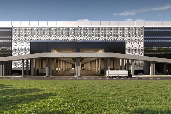 Современный индустриальный комплекс с зоной разгрузки и грузовым транспортом, коммерческая недвижимость и логистика