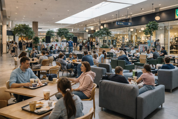 посетители в фудкорте торгового центра в Санкт-Петербурге, иллюстрация изменения роли ТЦ и снижения покупательского трафика