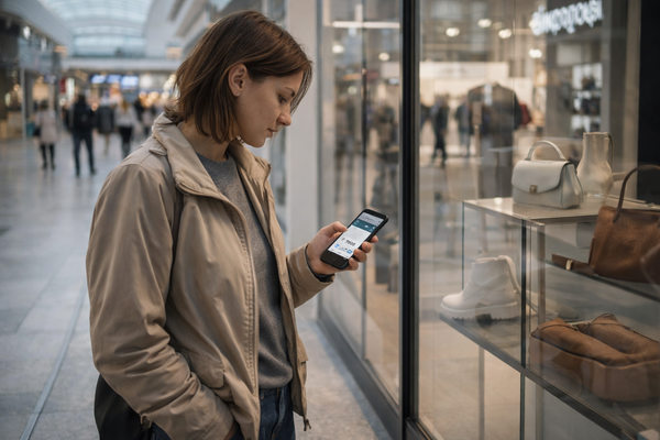 Покупатель сравнивает цены на смартфоне возле витрины магазина в торговом центре — иллюстрация к статье о снижении трафика ТЦ и росте онлайн-покупок