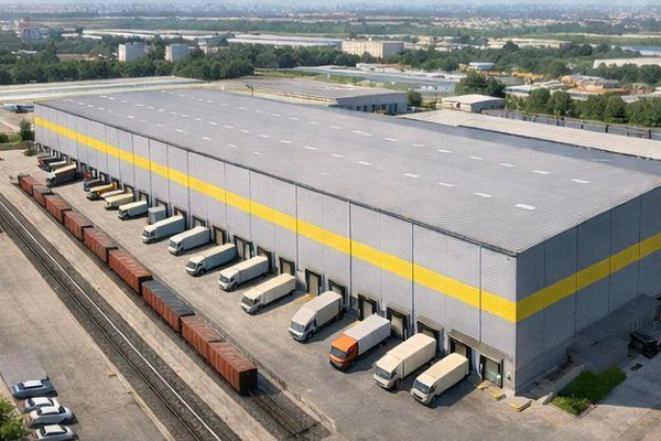 Логистический склад класса A в Ташкенте с грузовыми доками и грузовыми автомобилями у погрузочных ворот