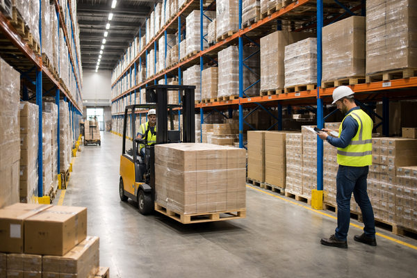 Современный складской комплекс с погрузчиком и паллетами — рост спроса на складскую недвижимость и буферные запасы в цепочках поставок