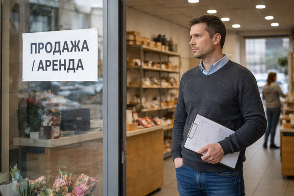 владелец малого бизнеса у входа в магазин с объявлением о продаже или аренде помещения