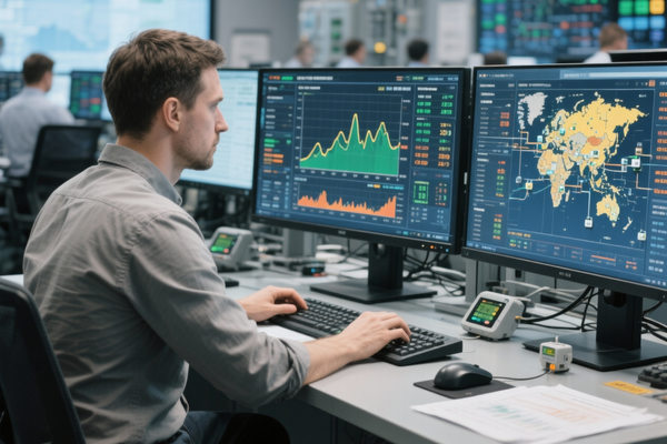 Инженер анализирует данные системы умного учёта электроэнергии и IoT-счётчиков на экранах диспетчерского центра