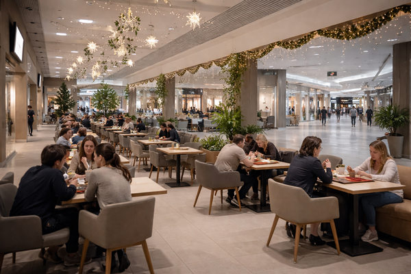 Фудкорт в российском торговом центре с умеренной загрузкой на фоне торговой галереи перед праздничными выходными