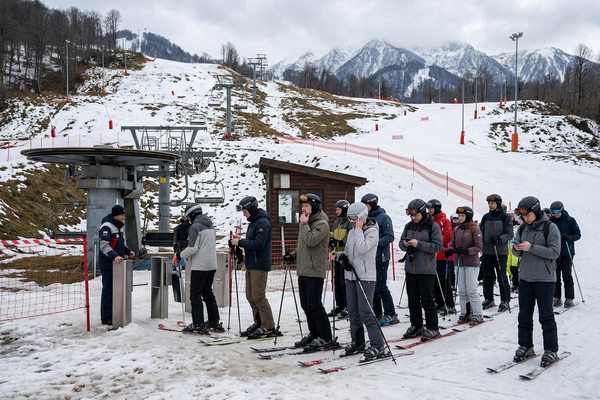 очередь лыжников у подъемника на горнолыжном курорте в Сочи при нестабильном снежном покрове