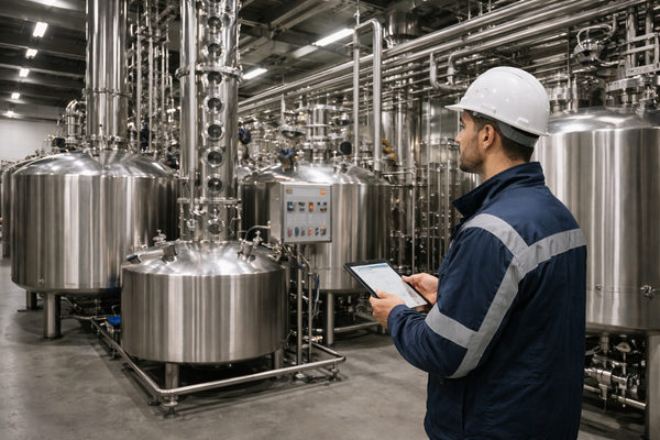 производство спирта на заводе, промышленный цех с резервуарами и оператором, сырьё для алкогольной отрасли и логистика поставок