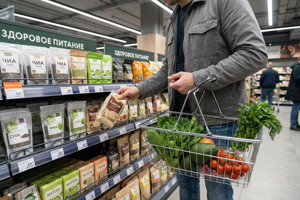 Покупатель выбирает киноа и суперфуды в супермаркете — спрос на здоровое питание и суперфуды весной