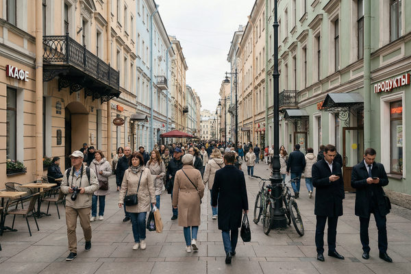 Пешеходная улица в историческом центре Санкт-Петербурга с плотным потоком людей — иллюстрация к статье о возможном запрете электросамокатов в центре города