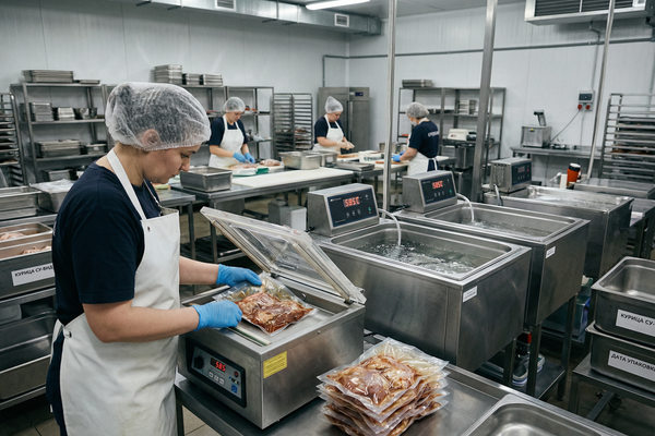 производство готовой еды по технологии су-вид в ритейле, вакуумная упаковка продуктов и контроль температуры на кухне