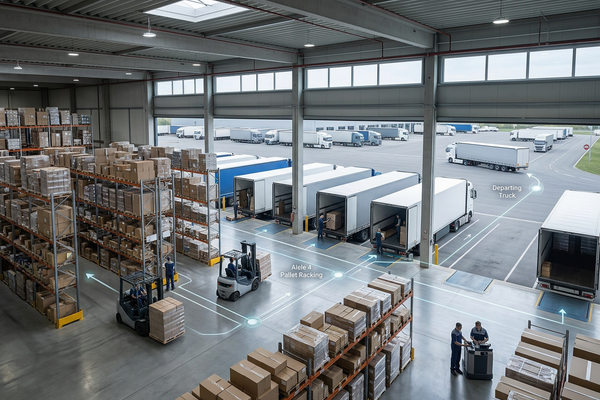 Современный склад и зона отгрузки с грузовиками и визуализацией логистических потоков, оптимизация цепи поставок и управление логистикой