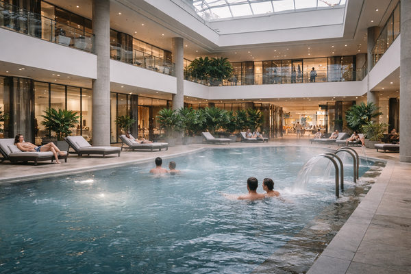 Термальный комплекс в торговом центре Москвы — бассейн, зоны отдыха и посетители, пример современного досугового объекта с высоким трафиком