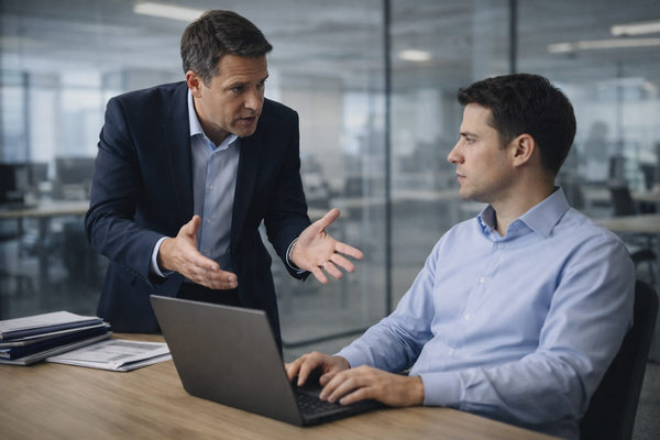 Руководитель объясняет задачу сотруднику в офисе, сотрудник демонстрирует сдержанную вовлеченность — иллюстрация явления «тихий уход» в работе