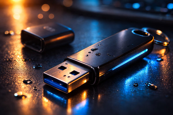 USB-накопитель (флешка) на рабочем столе — иллюстрация к статье о росте продаж USB-накопителей в России и спросе на модели 64 и 128 ГБ