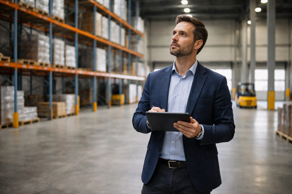 Логистический менеджер с планшетом осматривает склад класса A — выбор складских площадей и рост вакантности в Московском регионе