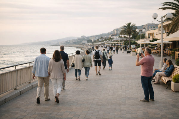 туристы гуляют по набережной российского курорта в бархатный сезон
