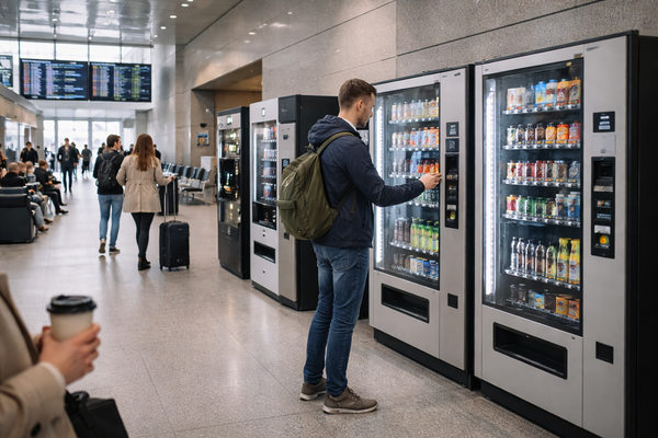 пассажир покупает напиток в вендинговом автомате в зоне ожидания транспортного хаба — автоматизированная розничная торговля и вендинг в России